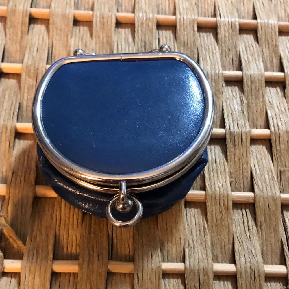 Danier Classic Navy Leather Coin Purse with Silver Frame